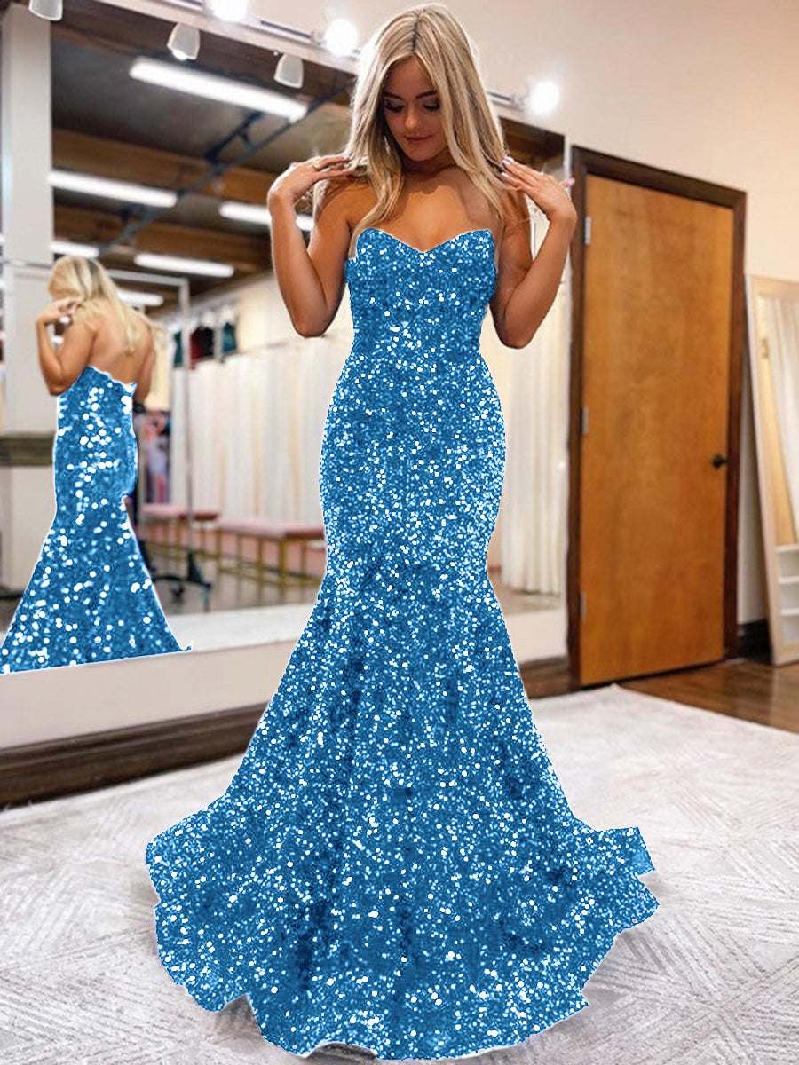 Light Blue Scoop Neck Sequins Mermaid Prom Dresses with Fringe VK24011108 –  Vickidress